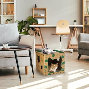 Maison de jeu pour <span class=keywords><strong>chat</strong></span> moderne et classique, personnalisée en usine, écologique, avec 2 griffoirs en carton ondulé, grotte cachette pour chaton, design mignon - Product Image 3