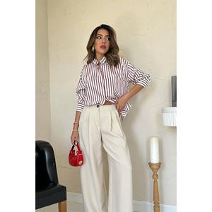 Camisa de Popelina a Rayas Borgoña para Mujer, Estilo Casual para el Día a Día - Product Image 2