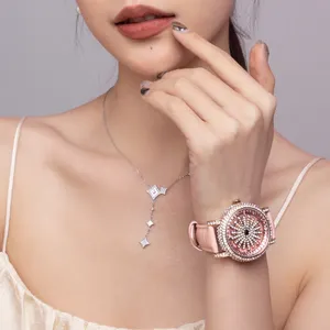 2024 Hot Luxury personality trend diamond dial Leather belt Pink women's skeleton quartz watch Shiny Bling Ladies Iced Out Watch