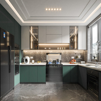 Set Kabinet Dapur Modern Modular Ramah Lingkungan Warna Putih Motif Kayu Beige Abu-Abu Muda Laminasi Tanpa Gagang Unit Dinding dan Lantai Tinggi