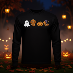 Camiseta de manga larga con estampado digital de perro Dachshund fantasma y calabaza para Halloween, unisex para adultos, cuello redondo - Product Image 3