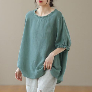 Women's Loose Linen T-Shirt Purple Ruffled Collar Everyday Wear - Product Image 3