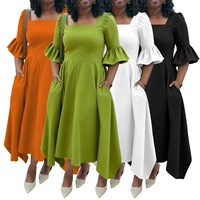 Robe mi-longue plissée taille haute à col carré et manches cloche pour femme, avec poches, couleur unie, élégante, style vintage 2026