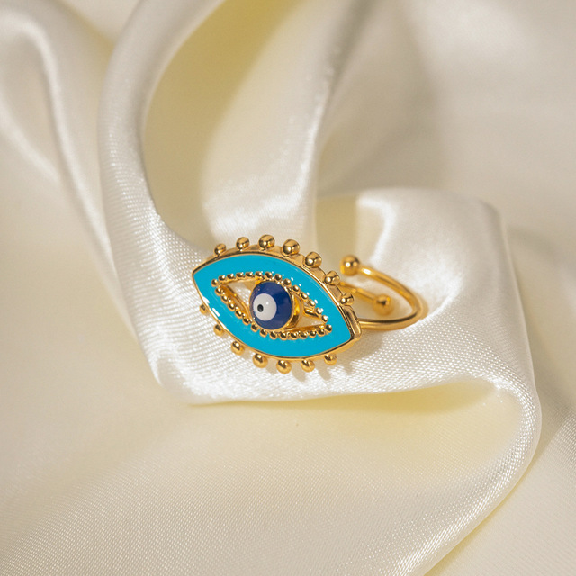 18K Gold Plated Stainless Steel Blue Oil Dripping Devil Eye Ring Zircon Enamel Women Jewelry Non Fading Opening Evil Eyes Rings