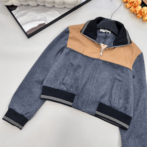 Chaqueta Bomber de Lana con Bloques de Color para Mujer, Cuello Alto, Cierre de Cremallera, Estilo Casual y Corto - Product Image 6