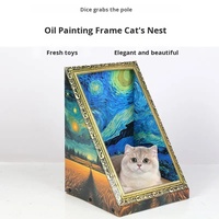Poteau à gratter pour chat en papier ondulé écologique, motif peinture à l'huile artistique, avec maisonnette triangulaire stable pour animaux de compagnie