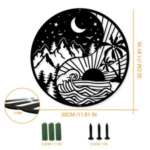 Décoration murale en métal Lune Soleil et étoiles Arbre de vie Forêt Arbres Montagnes Silhouette Belle Tenture murale artisanale