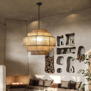 Lustre en corde de chanvre de style japonais, diamètre 50cm 60cm 80cm, lumière LED ronde, ampoule E27, salon, chambre à coucher, salle à manger, bureau - Product Image 3