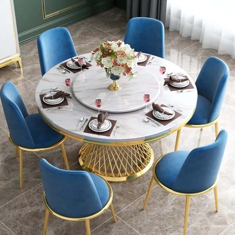 Luxury Home Furniture Gold round Marble Dining Table Set 6 Chairs With Stainless Steel Base