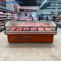 Nouveau modèle de vitrine réfrigérée à viande ouverte à plateau plat de 1,5 m, à refroidissement direct et statique, avec double piliers de support, pour la présentation de viande fraîche