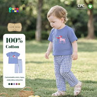 Puresun Faible MOQ Barboteuses pour bébés garçons Saint-Valentin OEM 100% Coton Applique Cœur Gingham Bleu 0-24 Mois Vente en Gros