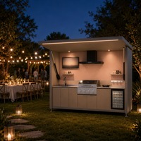 Cuisine extérieure modulaire résistante aux intempéries, structure en acier Q235, panneau en nid d'abeille en aluminium, station de cuisson complète