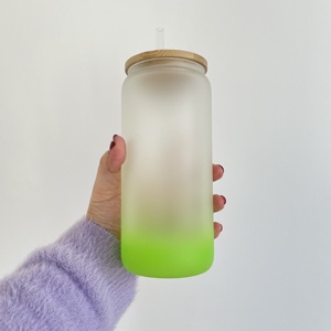 16oz 20oz Ombre Color Wide Mouth <b>Reusable</b> Smoothie <b>Cup</b> Blank Sublimation Frosted Glass Can Tumblers <b>with</b> Bamboo <b>Lid</b> and Straw - Product Image 4