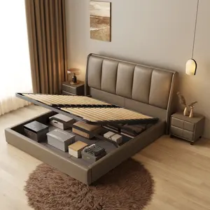 Slaapkamermeubilair Beige Echt Lederen Bed Hoogwaardig Gestoffeerd Kingsize Bed Leer Tweepersoonsbed