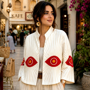 Chaqueta de Terciopelo Hecha a Mano para Mujer, con Ojo Turco Bordado, Estilo Boho, que Simboliza Protección y Positividad, Abrigo Artístico de Moda Destacada - Product Image 1