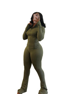 XINXU sıcak satış spor katı uzun kollu Zip up Tops yüksek bel spor tayt spor Silecone Bodysuit kadınlar 2 parça Set - Product Image 4