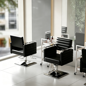 Sillón de Peluquería Moderno de Cuero Rosa, Silla de Barbería de Lujo con Base Cuadrada Ajustable para Mujeres - Product Image 3