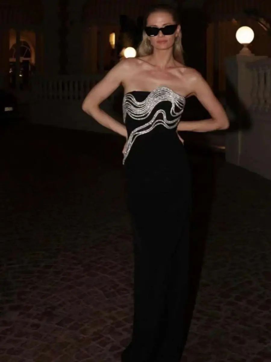 Alla moda eleganti abiti da sera Sexy strass diamante nero senza schienale abito lungo per la festa