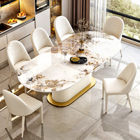 Ensemble Table à Manger Ovale Moderne de Luxe avec Plateau en Marbre et Chaises 4-6 Places, Mobilier Crème Complet pour Maison, Restaurant, Salon et Cuisine