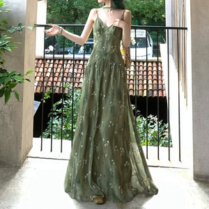 Green Lotus Floral Chiffon Sundress Empire Waist Sweetheart Neckline Sheer Layer Women's Evening Dress 2025 New Arrival - Product Image 1