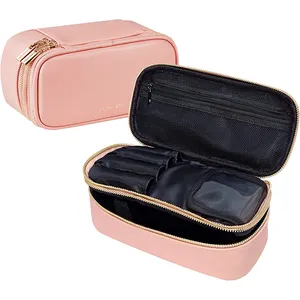 新款便携式大型化妆品火车箱桌面化妆品收纳盒防水Pu皮革旅行粉色化妆包