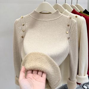 Pull pour femme, col rond, manches longues, coupe ajustée, doublure en polaire, épais et chaud, pour l'hiver - Product Image 1