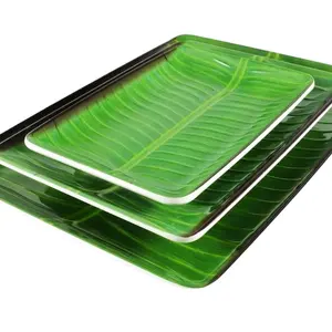 Melamine Plate Set Of 3 Eco-Friendly Banana Leaf Rectangle Melamine Sushi Appetizer Plates For Home Or Restaurant Use