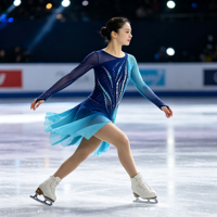 Robe de patinage artistique bleu cyan dégradé avec strass et maille, manches longues, pour enfants et adultes, tenue de performance pour compétition sur glace