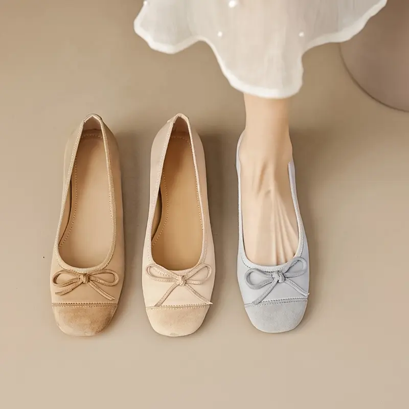 Zapatos de vestir de mujer de aspecto hermoso, zapatos de Ballet de suela blanda con punta cuadrada para caminar, zapatos planos de estilo para mujer con lazo