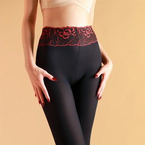 High Waisted Lace Leggings 100D Medium Thickness Compression Stretchy Warm Solid Color Women's Autumn Winter Wear - Product Image 1