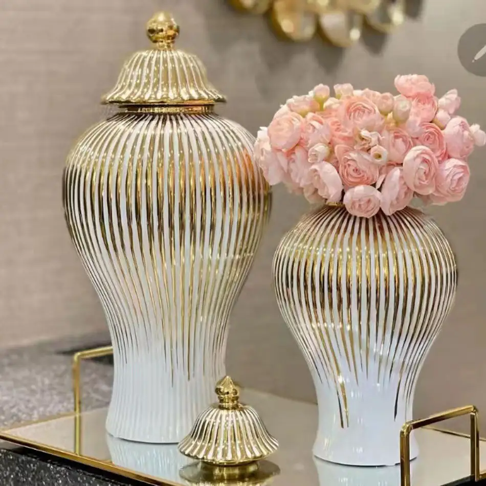 Jarrones de cerámica y porcelana de oro blanco de lujo, mesa grande de tarro de jengibre de cerámica para hotel, florero moderno con tapa