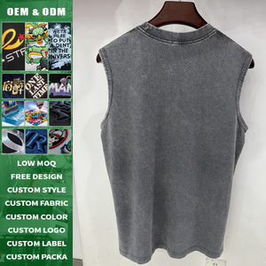 Chaleco sin mangas de algodón lavado vintage de 230 g con borde deshilachado para hombre, estilo urbano, tipo tank top. - Product Image 3