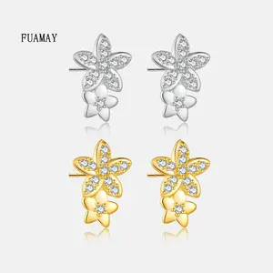 Fuamay 925 Sterling Zilver 18K Vergulde Eenvoudige Bloem Stud Oorbellen Sierlijk Pave Bloem Oorknopjes