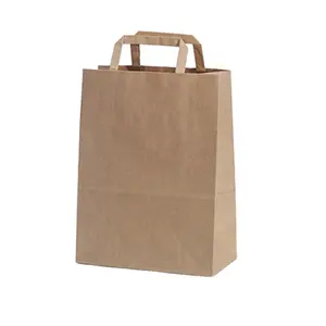 Custom Flat Paper Handles Brown Takeout Takeaway Bags Fast Food Kraft Paper Bag For Restaurant Packaging Bags