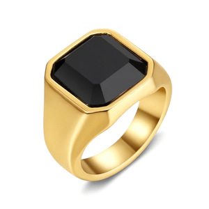 Vergulde roestvrijstalen herenring, slijtvast, vierkante onyx steen, zwarte emaille signet <span class=keywords><strong>ring</strong></span> - Product Image 1