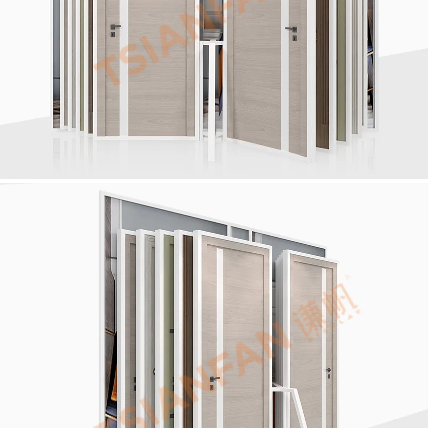 Tsianfan Factory Sale Floor Page-Turning Door Display Showroom Wooden Doors Cabinet Sample Rack Wing Wood Door Display Stand
