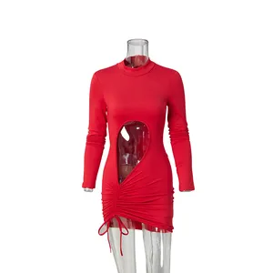 Nuovo design plus size abito da donna casual manica lunga increspato aderente mini abito da donna