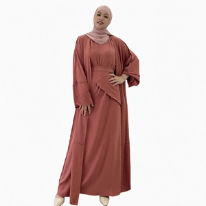 Ensemble Abaya Modeste 3 Pièces pour Femme, Robe Islamique Longue en Crêpe, Manches Longues, Col Rond, Couleur Unie, Tenue de Prière pour l'Aïd - Product Image 1