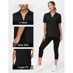 เสื้อโปโลออกกำลังกายทรงหลวมสำหรับผู้หญิง FOXA แขนสั้น คอวี มีรอยผ่าด้านข้าง แห้งเร็ว ความยาวปกติ - Product Image 5