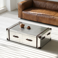 Table basse de style industriel vintage avec plateau en aluminium, cadre en bois, finition argentée, 4 tiroirs et boîte de rangement, meubles de salon