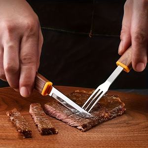 Ensemble couteau et fourchette 2-en-1 en acier inoxydable, portable pour camping, extérieur, fête, avec étui pour fourchette à dessert et couteau d'office, ensemble de couteaux en bois - Product Image 6