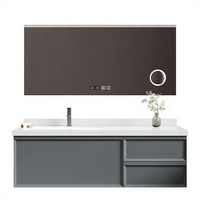 Meuble de salle de bain moderne et minimaliste en bois massif avec miroir intelligent, vasque intégrée sans joint et lavabo en pierre modulaire
