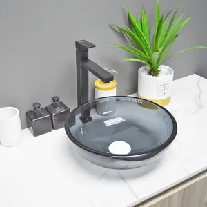 浴室ボウル透明ガラス洗面器カウンタートップガラス洗面器形状ラウンドシンク黒容器