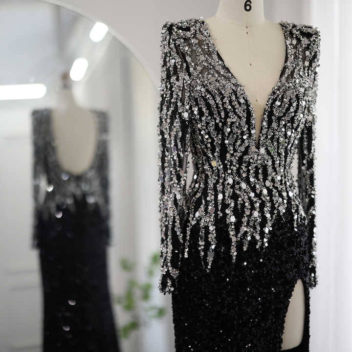 Arabic Navy Blue Elegant Mermaid Balloon Sleeves Beaded Luxury Dubai Evening Dresses Gowns For Women Party LA72072