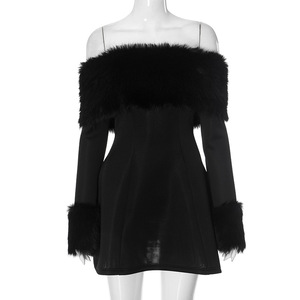 Mini abito da donna a <span class=keywords><strong>maniche</strong></span> <span class=keywords><strong>lunghe</strong></span> con rifiniture in pelliccia sintetica-stile Sexy e di lusso per feste e occasioni speciali - Product Image 5