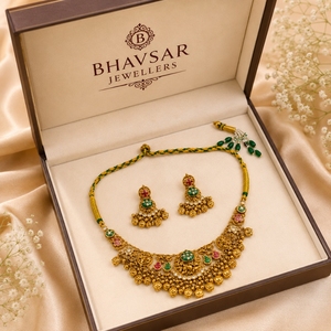 Traditional 925 <b>silver</b> <b>Necklace</b> <b>Set</b> With Green And Red Stones Ethnic Bridal Choker With Matching Earrings Women's Jewelry - Product Image 5