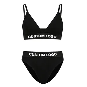 L & J Sepatu Kustom Logo Wanita Seksi Bralette Mesh Dua Potong Bra Transparan Set Singkat Huruf Cetak Bra Thong Panty Set untuk Wanita