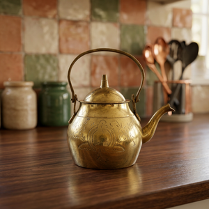 Vintage Brass Tea Kettle With <b>Lid</b> Metal Handle Decorative Engraved Design Water <b>Pot</b> Kettles - Product Image 6