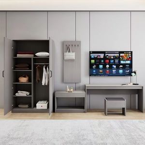 Ensemble <span class=keywords><strong>de</strong></span> meubles <span class=keywords><strong>de</strong></span> chambre à coucher d'hôtel en bois <span class=keywords><strong>de</strong></span> chêne moderne personnalisé, table TV, armoire à bagages, porte-vêtements, lit queen-size pour appartements - Product Image 4