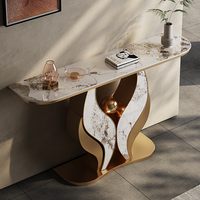 Table console élégante en pierre frittée avec plateau en métal doré et LED, style moderne et minimaliste, pour salon, entrée ou hôtel, à prix abordable (MOQ faible)